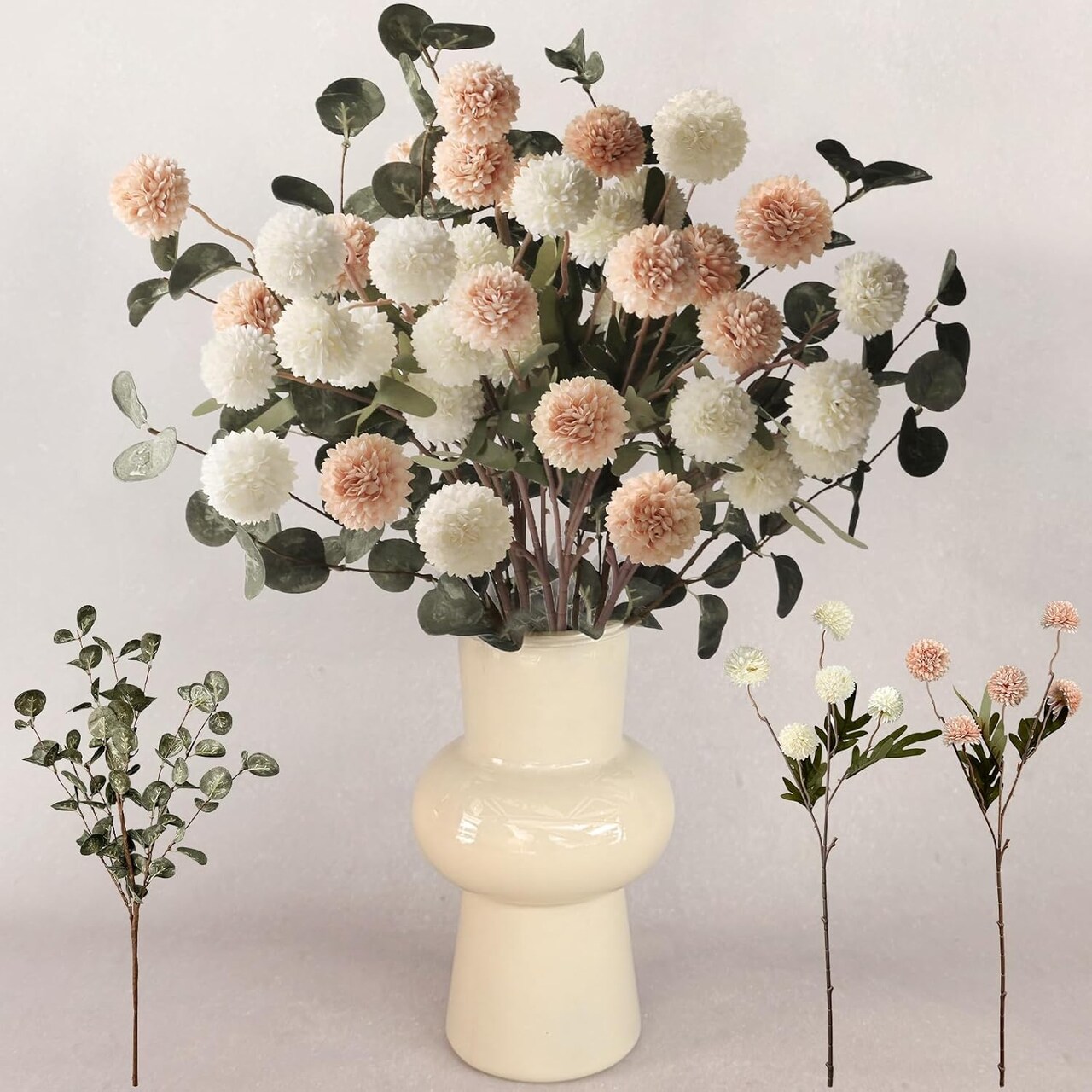 Beige & White Faux Kiku Flowers – 25-Head Silk Chrysanthemums with 18 Eucalyptus Stems, Long-Stem Pom Pom Fake Mums for Vase, Centerpiece, Bouquet, Floral Arrangement, Neutral Tan Cream Décor
